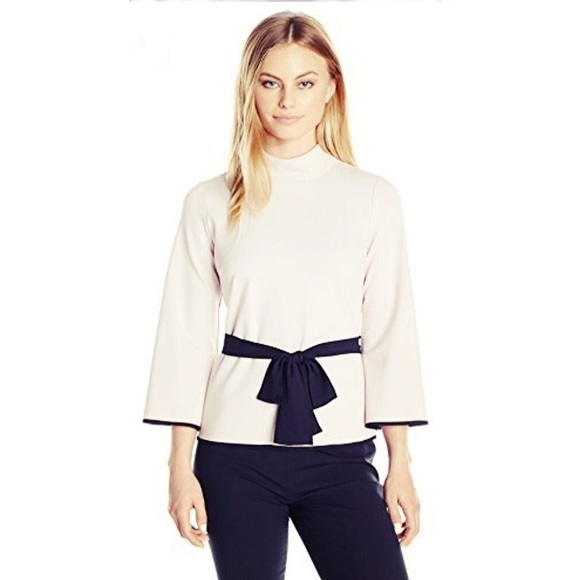 Vince Camuto Bell Sleeve Mock Neck Belted Top - Picture 4 of 5